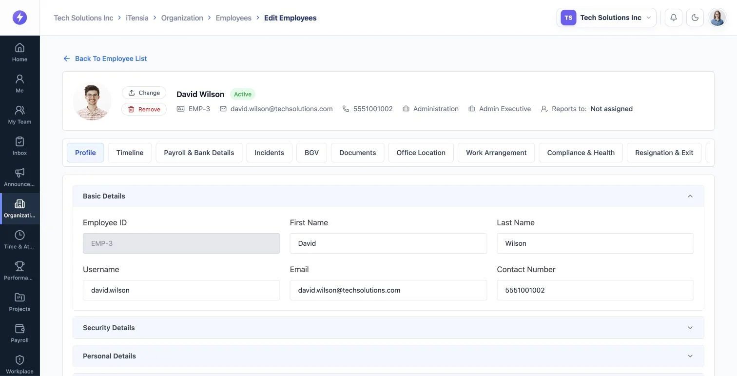 Actual David Wilson demo employee profile in iTensiaHR