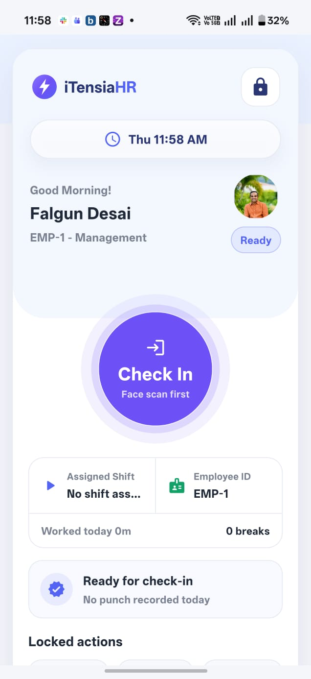 iTensiaHR mobile app with its circular Check In button and face-scan prompt