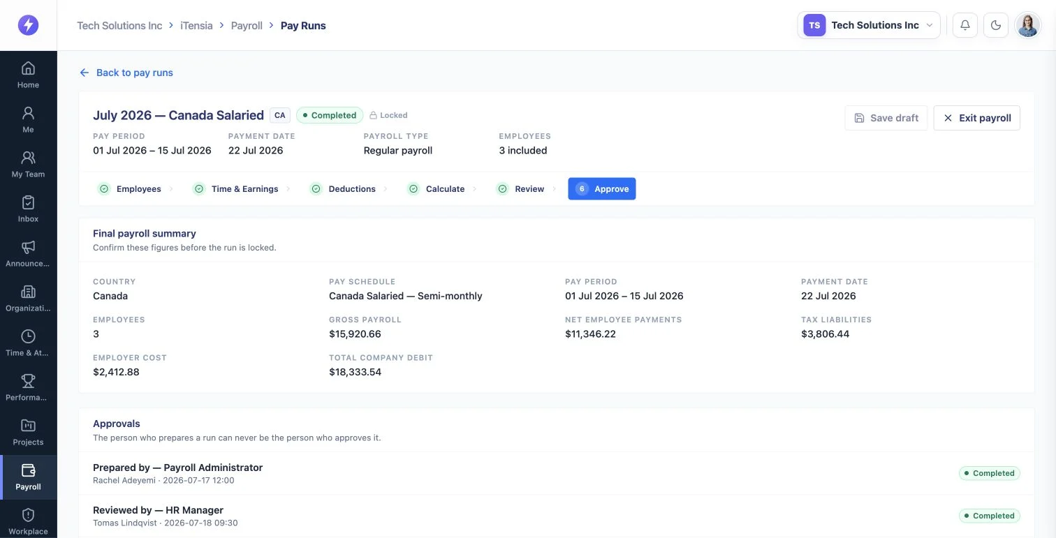 Actual final payroll summary and approvals for the completed Canada demo pay run
